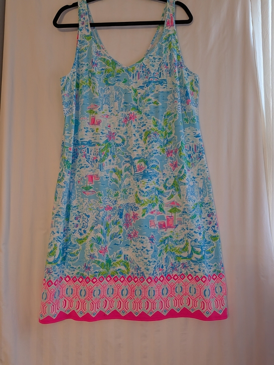 Lilly Pulitzer Dresses & Skirts - Lilly Pulitzer Light Blue Tropical Print Midi Dress with Pink Trim XL